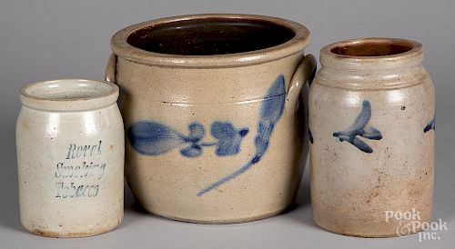 Three cobalt decorated stoneware crocks