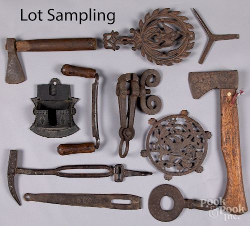 Collection of early iron tools and accessories