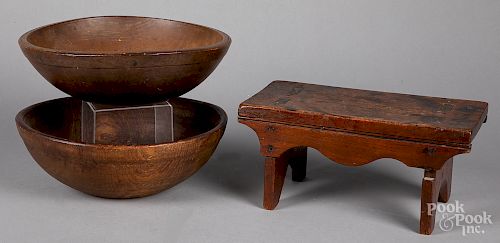 Two turned wood bowls and a foot stool