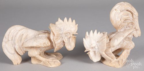 Pair of carved alabaster roosters