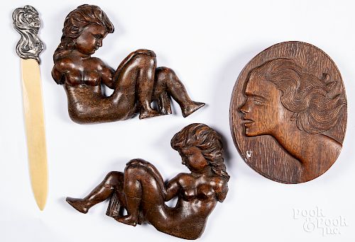 Pair of carved mahogany female figures, etc.