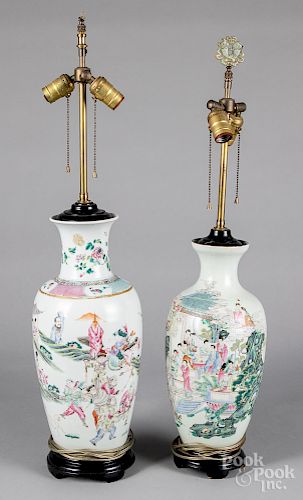 Two Chinese famille rose porcelain table lamps.