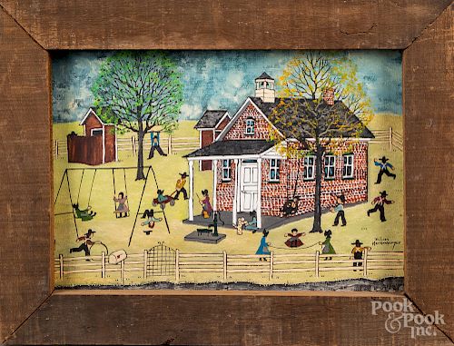 Dolores Hackenberger oil on board Amish schoolyard