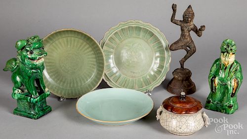 Three Chinese celadon glaze shallow bowls, etc.