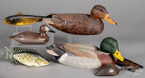 Three carved and painted duck decoys, etc.