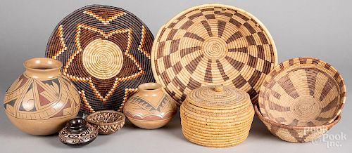 Southwest coiled basketry items & three ollas