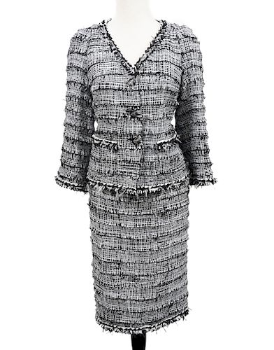 Chanel Black & White Tweed Fringe Suit Sz 40/42
