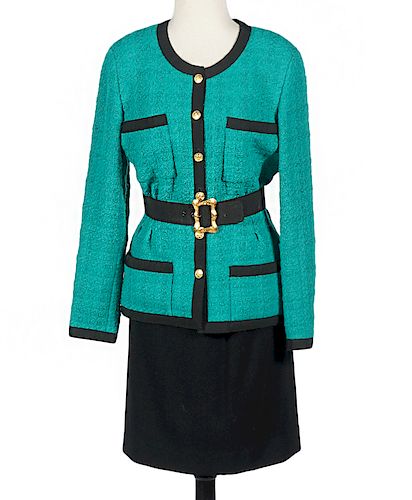 Chanel Emerald Green & Black Skirt Suit Size 38