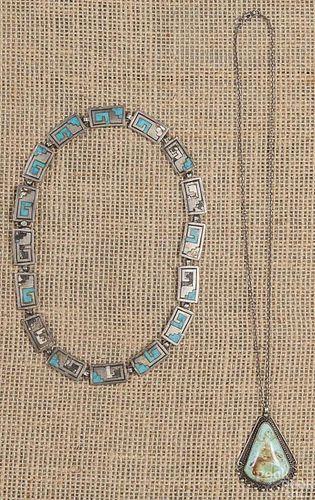 Navajo silver and turquoise pendant and necklace,