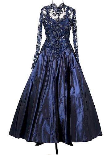 Vicky Tiel Couture Blue Lace Beaded Gown