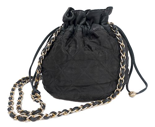 Chanel Vintage Black Satin & Leather Shoulder Bag