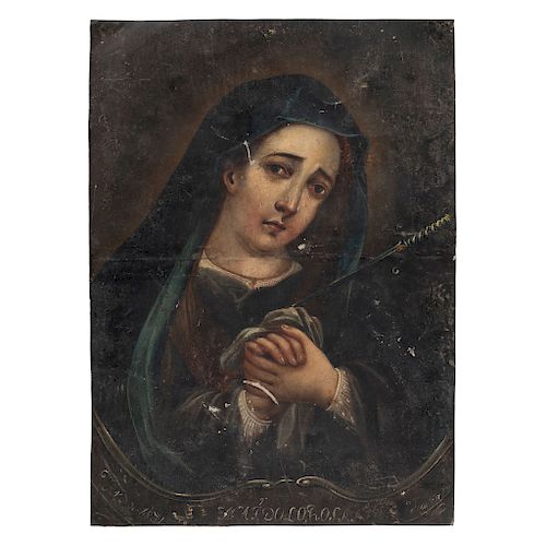 OUR LADY OF SORROWS. MEXICO, 19TH CENTURY. Oil on zinc sheet. Signed “AGUILAR M” and dated “YEAR OF 1834”.