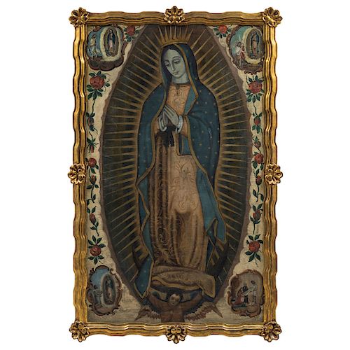 VIRGIN OF GUADALUPE WITH THE FOUR APPARITIONS. MEXICO, EARLY 19TH CENTURY. Oil on canvas with gold detailing.