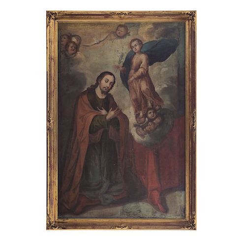 EL ÁNGEL SEÑALA A SAN JOSÉ COMO ESPOSO DE MARÍA (“THE ANGEL POINTS TO SAINT JOSEPH, MARY’S HUSBAND”). MEXICO, 17TH-18 TH CENTURY. Oil on canvas.