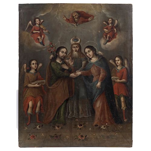 SIGNED “JOSEPH MORA”. LOS DESPOSORIOS DE LA VIRGEN (“THE MARRIAGE OF THE VIRGIN”). MEXICO, 17TH– 18TH CENTURY. Oil on canvas. Signed “JOSEPH MORA FA”.