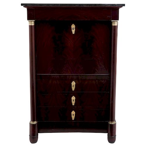 CHEST OF DRAWERS WITH WRITING TOP. FRANCE, 19TH CENTRUY. Empire style. Veneered wood gold metal applications.