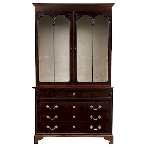 SECRETAIRE-BOOKCASE. FRANCE, CA.1900. Mahogany and ebonized wood with reticulated glass panels.