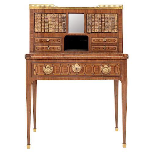 DESK. FRANCE, 19TH CENTURY. Wood decorated with geometric motif marquetry and golden metallic applications.