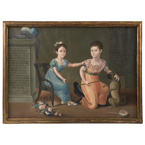 JOSÉ MARÍA URIARTE (MEXICO, 19TH CENTURY). PORTRAIT OF GUADALUPE SERVANTES Y MICHAUS AND BROTHER. Oil on canvas. Signed and dated.