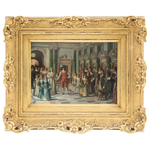 SIGNED “FRANS MOORMANS”. LOS DESPOSORIOS (“THE WEDDING”). THE NETHERLANDS, CA. 1900. Oil on wood. Signed and dated “Frans Moormans Paris 1885”.