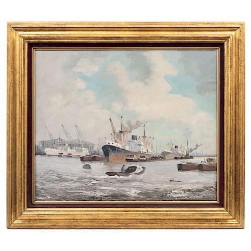 M. HEADERMANN (U.S.A., ACTIVE DURING THE 20TH CENTURY). VISTA DE MUELLE (“VIEW OF THE DOCK”). Oil on canvas. Signed.