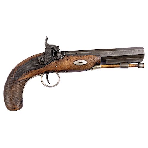 PISTOL. ENGLAND, 19TH CENTURY. RICH HOLLIS & SONS Brand. Made with steel and wood. Decorated with vegetable motif.