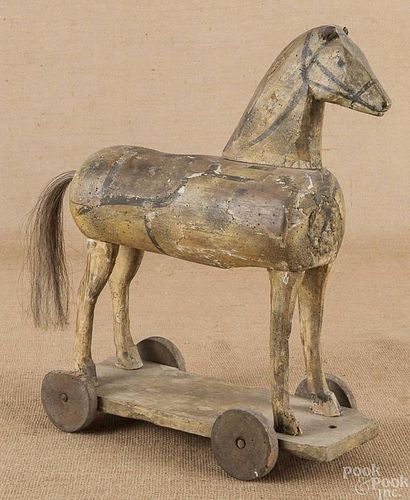 English painted wood horse pull toy, 13 1/4'' l.