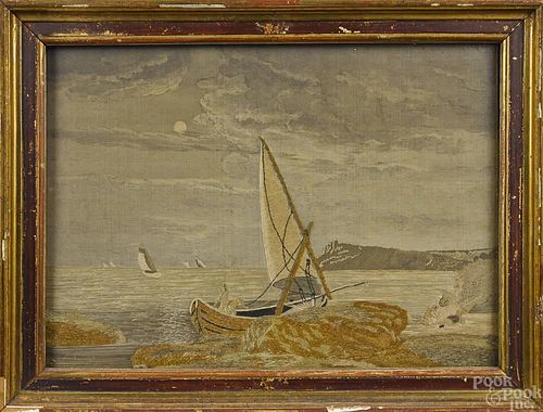 English needlework seascape, 19th c., 12 1/2'' x 1
