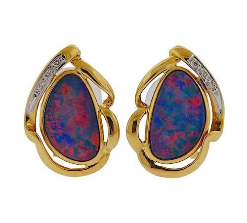 18K Gold Diamond Opal Earrings