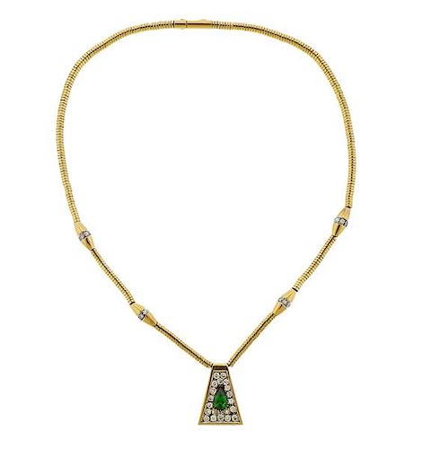 14K Gold Diamond Green Stone Pendant Necklace