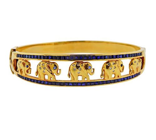 18K Gold Diamond Sapphire Elephant Bangle Bracelet