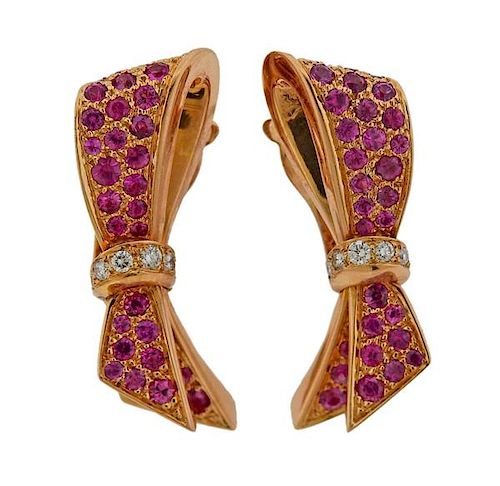 Van Cleef &amp; Arpels Sapphire Diamond 18k Gold Bow Earrings