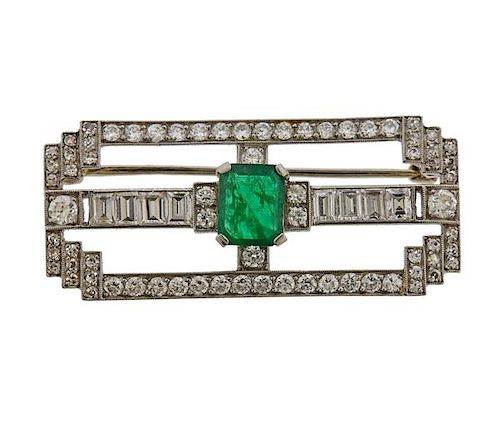 J. E. Caldwell Platinum Diamond Emerald Brooch 