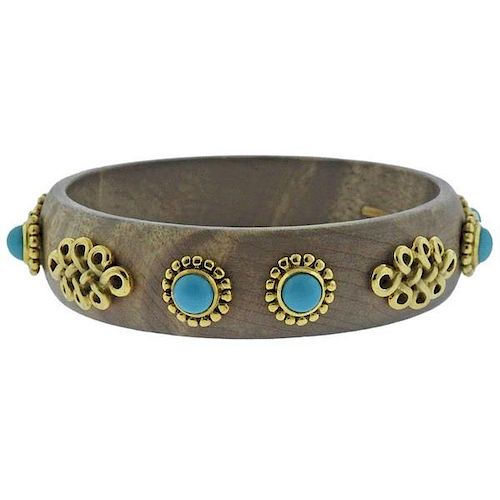 Adria de Haume Wood Turquoise 18k Gold Bangle Bracelet