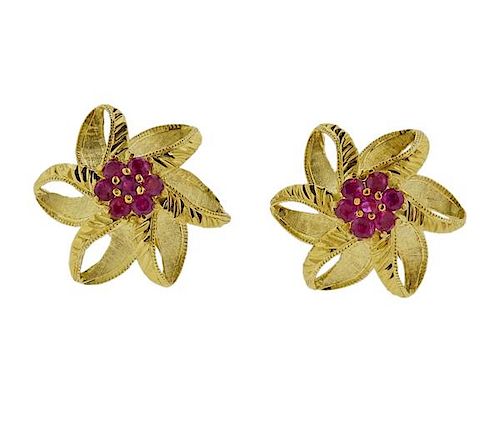 14K Gold Ruby Flower Earrings