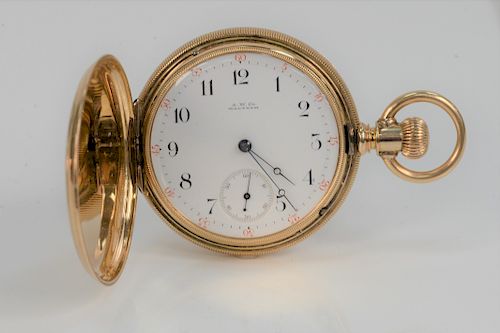 Waltham 14 Karat Gold Closed Face Pocket Watch, Riverside. 51.8 millimeters, total weight 112 grams.