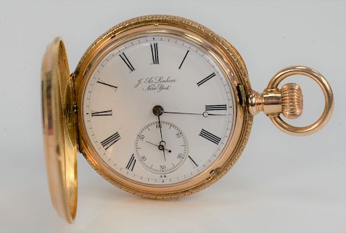 J.A. Linherr 14 Karat Closed Face Watch, dial and works marked J.A. Linherr N.Y. 40.6 millimeters, total weight 61 grams.