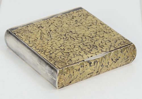 Silver and 18 Karat Gold Hinged Covered Box, mounted with gold metal work top, front, and back. 3 1/2" x 3 1/2", 8 troy ounces, 253 grams. Provenanc
