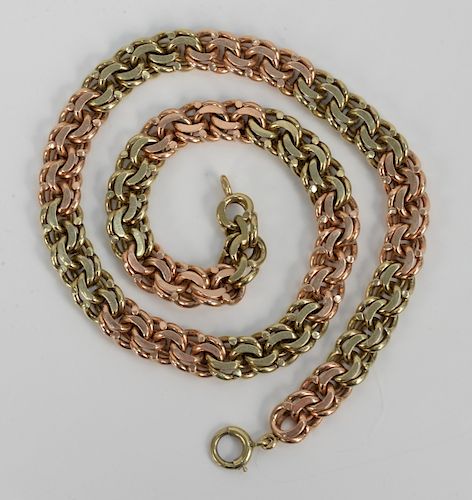 14 Karat Gold Chain Necklace, large double links of alternating white and pink gold. length 16 inches. 87.6 grams.