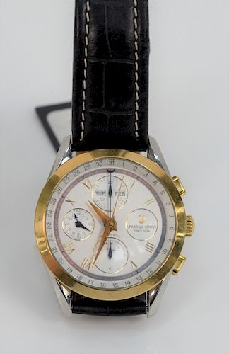 Universal Mens Wristwatch, stainless steel with gold bezel with original box and paperwork, new cost $7,500.