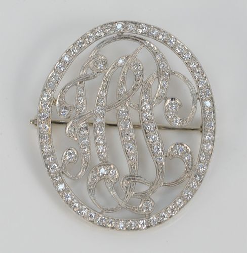 Custom Platinum and Diamond Initial Brooch. F H. 1 1/4" x 1 1/2".