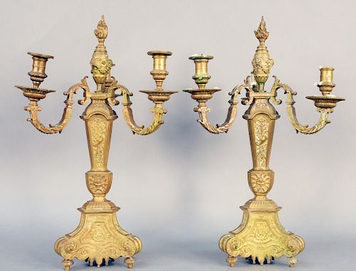 Pair of French Bronze Candelabras, four light having tapered columnar support with acanthus leaves, and swags, masks and torcheres, central light havi