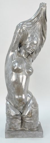 Art Deco Carved Gray Marble Figure, partially nude female figure undressing, unsigned. height 45 1/2 inches.
