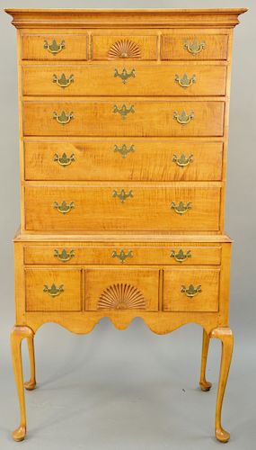 Eldred Wheeler Custom Tiger Maple Highboy in Two Parts, having flat top over three over four drawers set on base with one long drawer over three short