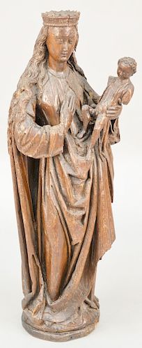 Large Carved Oak Madonna and Child Figure, 15th or 16th century. height 45 inches.