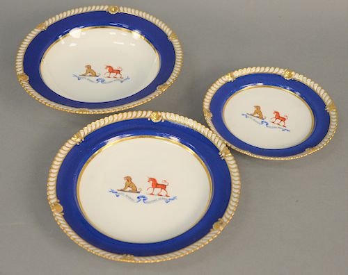 Chamberlain's Worcester Porcelain Armorial Decorated Fifty-Eight Piece Partial Service Set, 19th century England, gilded with cobalt blue border, cent