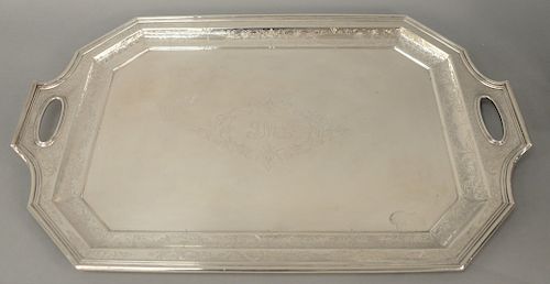 Spaulding Sterling Silver Tray, with two handles, monogrammed JMS. length 29 1/4 inches, 187.9 troy ounces. Provenance: Slocomb Brown Villa Newport Rh