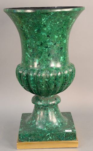 Large Russian Malachite Veneered Urn, on gilt base, 20th century with black painted interior. height 32 inches, top diameter 19 inches.