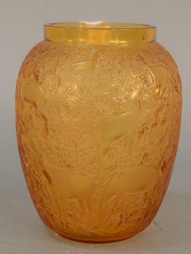 Rene Lalique Glass Vase, "Biches" Amber frosted glass having deer eating leaves marked Lalique France on bottom. height 6 3/4 inches.