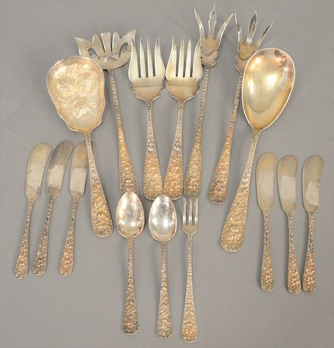 Stieff Sterling Silver Repousse Serving Pieces, strawberry spoon, large spoon and forks, six butter knives. 16 total pieces, 24.9 troy ounces.